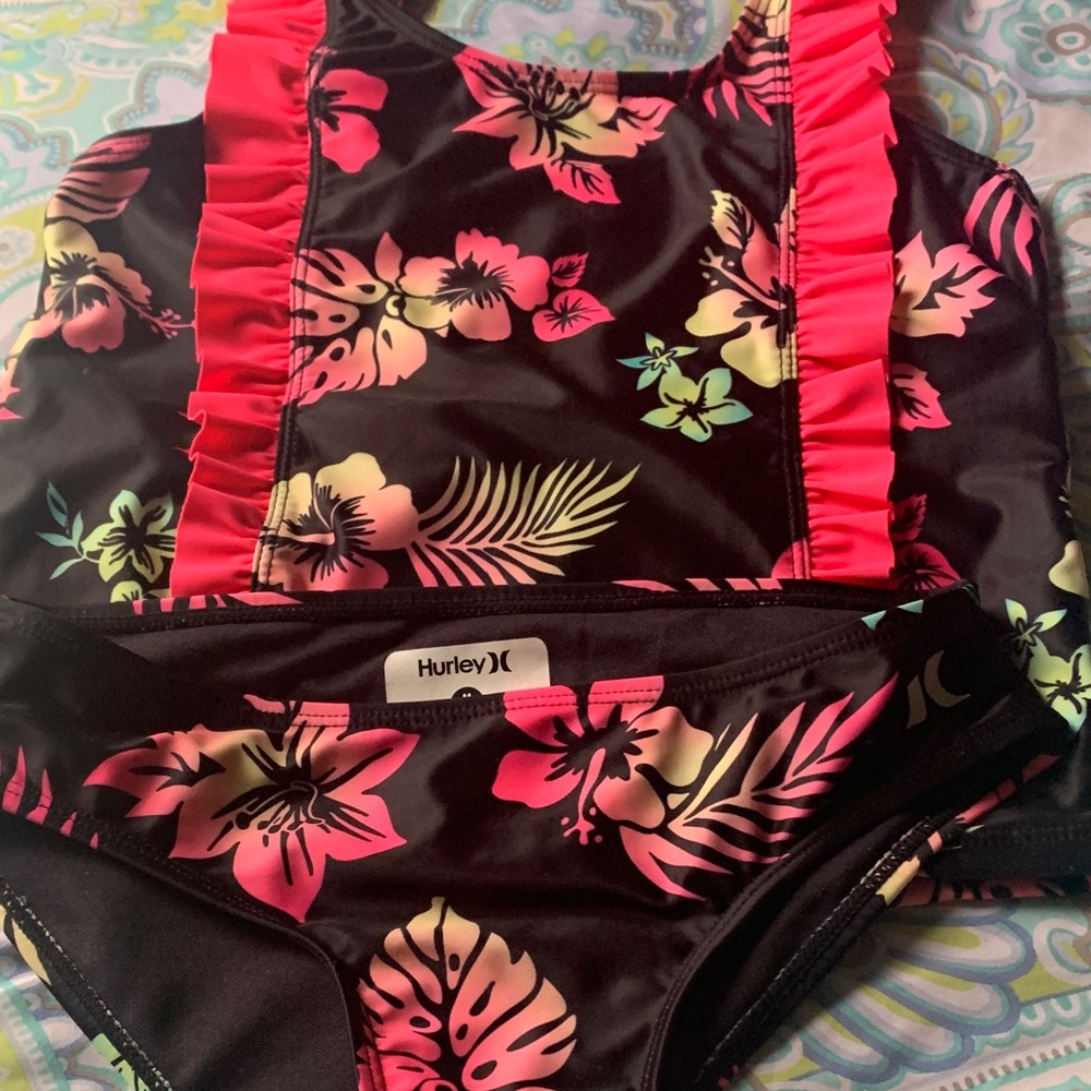 Hurley Black two Piece Swim with Neon Pink Tropical Print and Ruffles